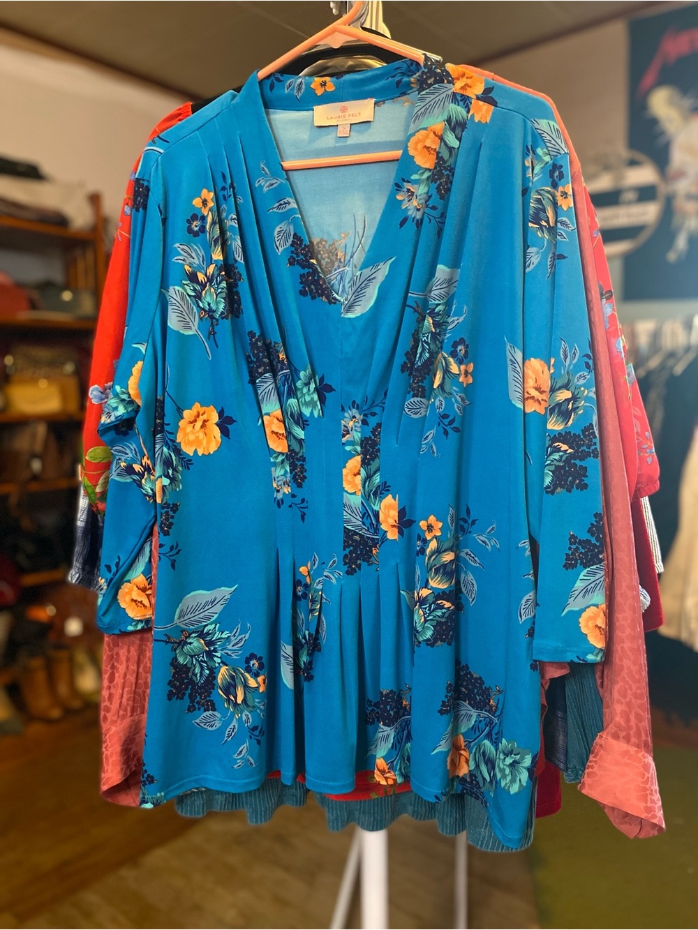 Laurie Felt Bright Teal Floral V-Neck Blouse